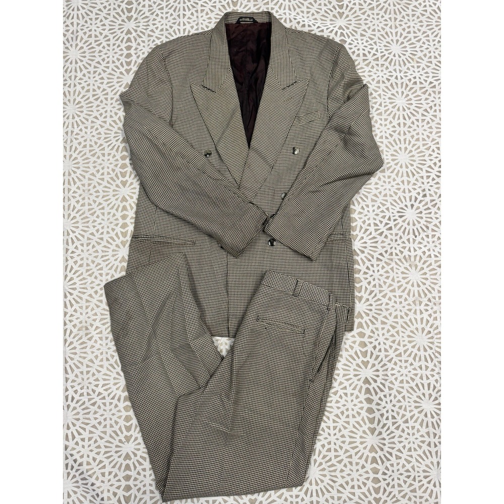 VTG Double Breasted Suit Mens‎ Tan Houndstooth Pattern